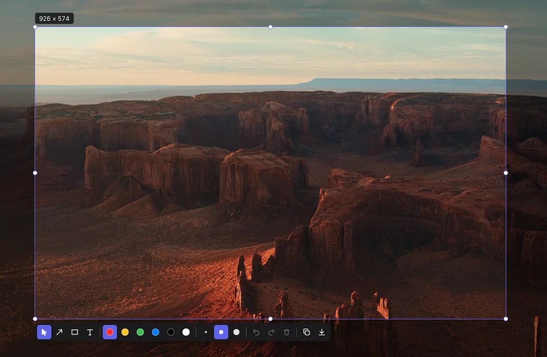 Snipvero region selection over a canyon landscape with resize handles and annotation toolbar
